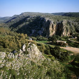 Tabun Cave, site of pre-historic human activity,  lies next to the Israel National Trail (phto: Albatross Aerial Photography)